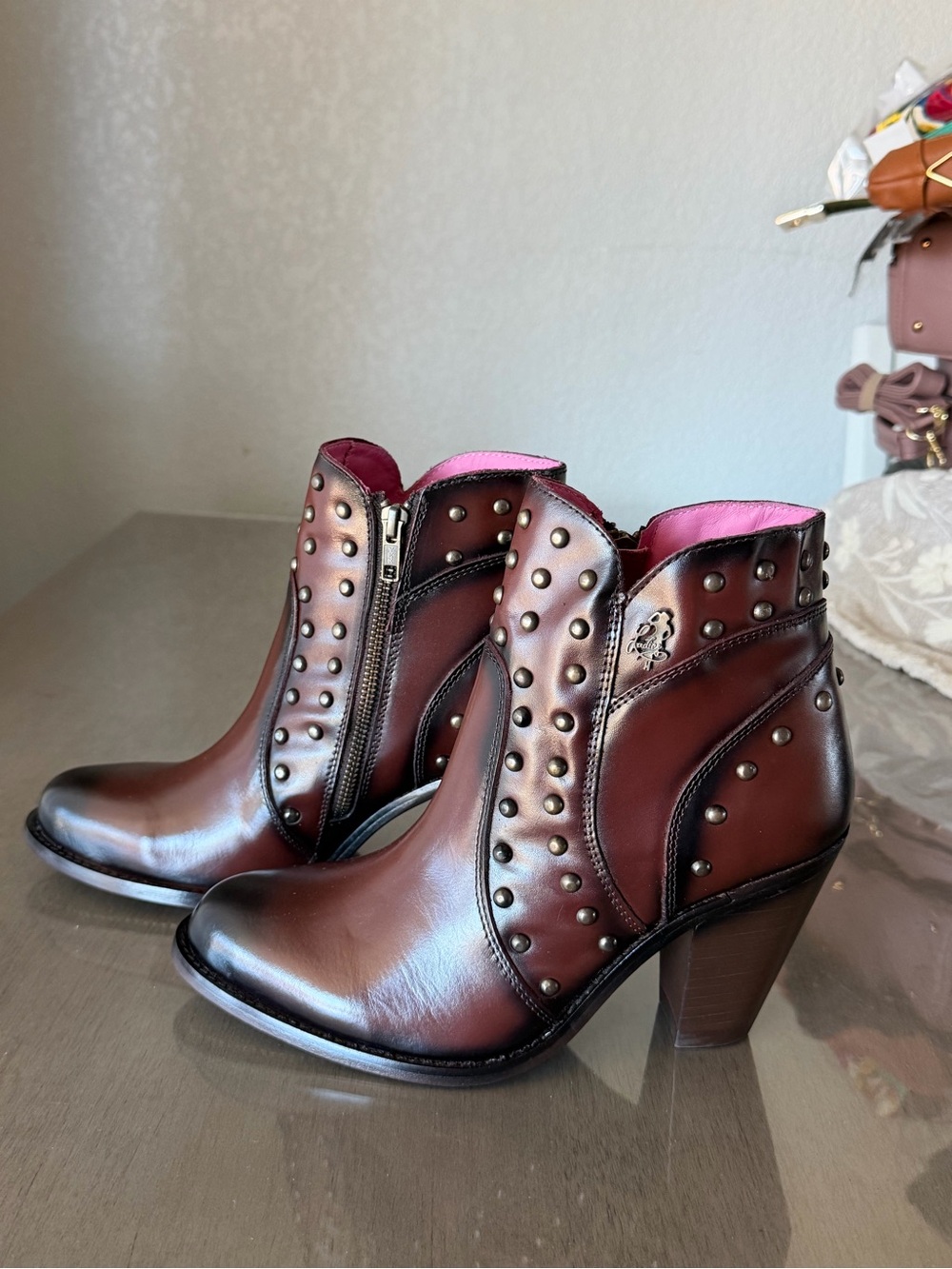 Women's Studded Ankle Bootie in Burgundy with Pink Lining